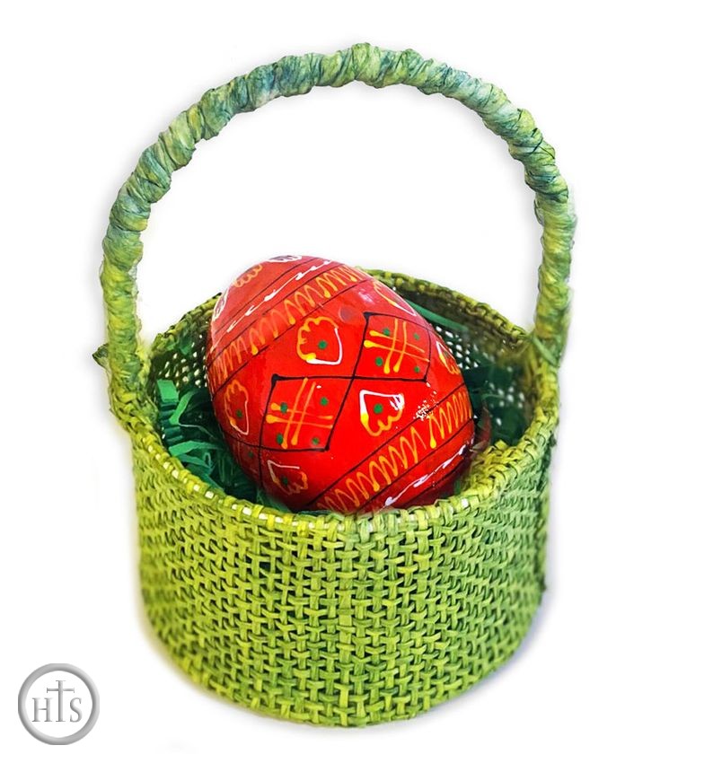 Image - Small Easter Green Basket With 1 Pysanky Red Egg