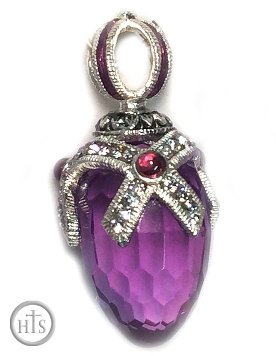 Product Pic - Egg Pendant with Amethyst, Faberge Style, Silver 925, Garnet Stones