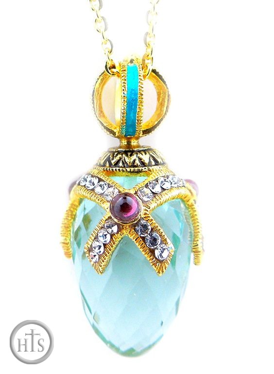 Photo - Egg Pendant with Aquamarine, Faberge Style, Sterling Silver, Gold Plate