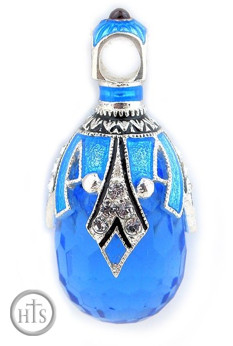 HolyTrinityStore Picture - Egg Pendant with Blue Topaz, Faberge Style, Sterling Silver, Gold Plate