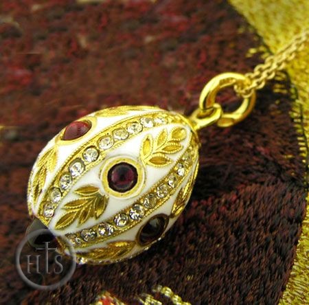Product Picture - Faberge Style Egg Pendant With Garnet Stones, Sterling Silver 925 Gold Plated