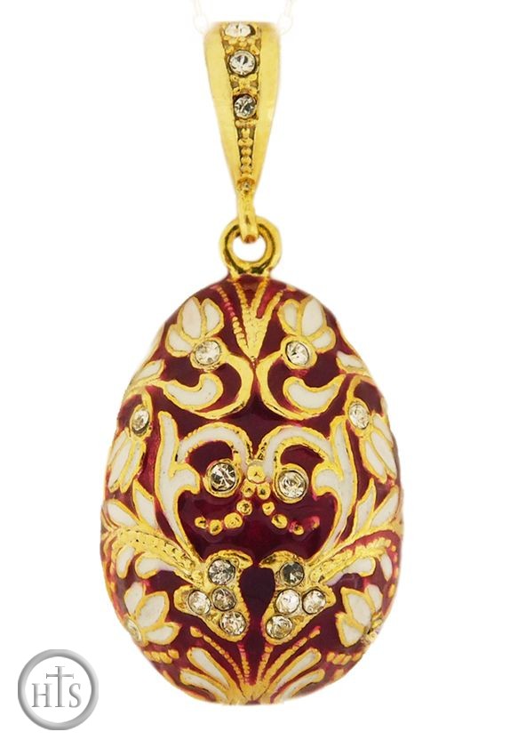Product Pic - Egg Pendant, Faberge Style,  Sterling Silver, Gold Plated,  Red