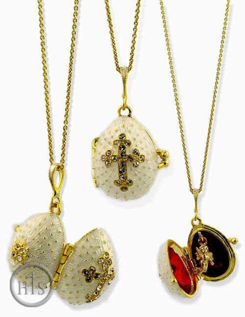 HolyTrinityStore Image - Egg Pendant Locket Cross with Angel, Sterling Silver, 22kt Gold Plated