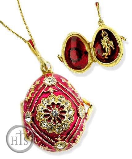Product Pic - Egg Pendant Locket  with Angel, Sterling Silver, Gold Gilded, Red