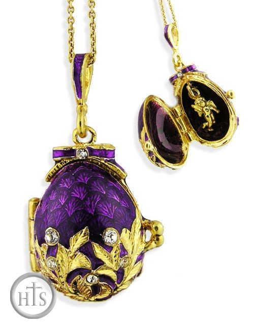 Picture - Egg Pendant Locket  with Angel, Sterling Silver, Gold Gilded, Purple
