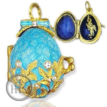 Pic - Egg Pendant Locket  with Angel, Sterling Silver, Gold Gilded, Turquoise