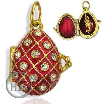 HolyTrinityStore Image - Egg Pendant Locket  with Angel, Sterling Silver, Gold Gilded, Red
