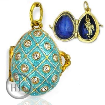 Product Image - Egg Pendant Locket  with Angel, Sterling Silver, Gold Gilded, Turquoise