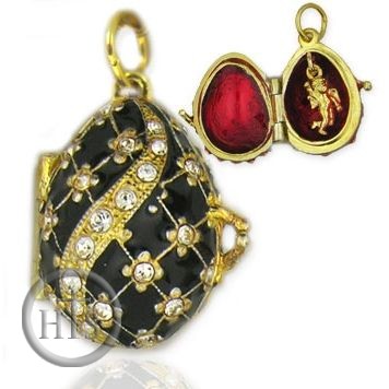 Product Image - Egg Pendant Locket  with Angel, Sterling Silver, Gold Gilded, Black