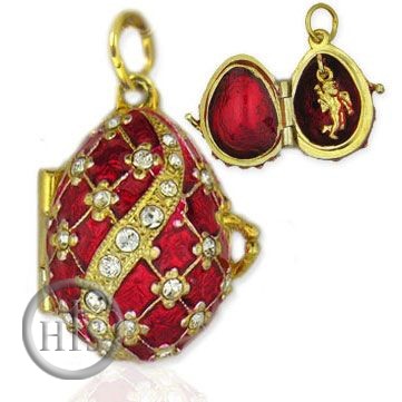 HolyTrinityStore Image - Egg Pendant Locket  with Angel, Sterling Silver, Gold Gilded, Red