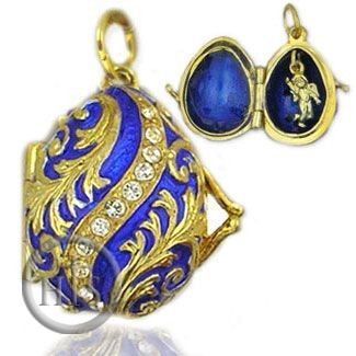HolyTrinity Pic - Egg Pendant Locket  with Angel, Sterling Silver, Gold Gilded, Dark Blue