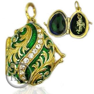 Image - Egg Pendant Locket  with Angel, Sterling Silver, Gold Gilded, Green