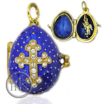 HolyTrinity Pic - Egg Pendant Locket  with Angel, Sterling Silver, Gold Plated, Blue