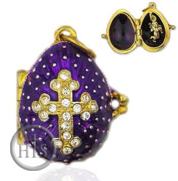 HolyTrinityStore Picture - Egg Pendant Locket  with Angel, Sterling Silver, Gold Plated, Purple