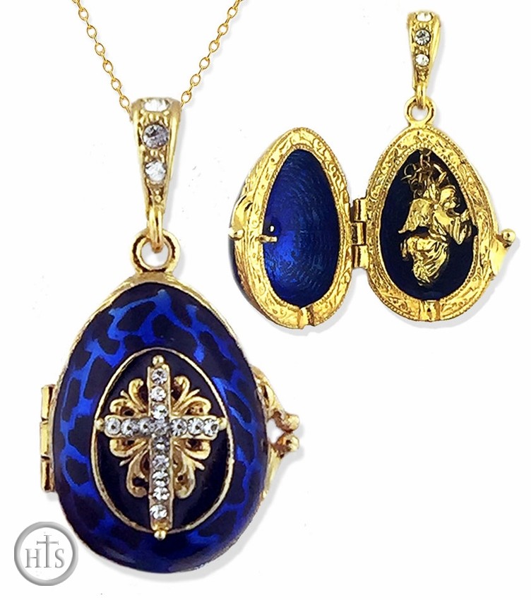 Product Image - Egg Pendant Locket  with Angel, Sterling Silver, Gold Gilded, Dark Blue