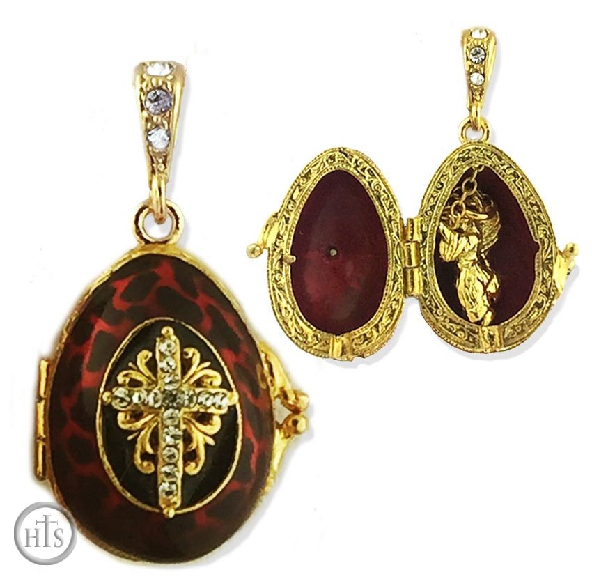 Product Photo - Egg Pendant Locket  with Angel, Sterling Silver, Gold Gilded, Red