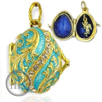 HolyTrinityStore Image - Egg Pendant Locket  with Angel, Sterling Silver, Gold Plated