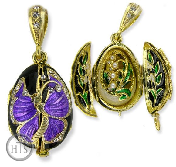 Image - Egg Pendant Locket with Lily of Valley, Sterling Silver, Gold Gilded