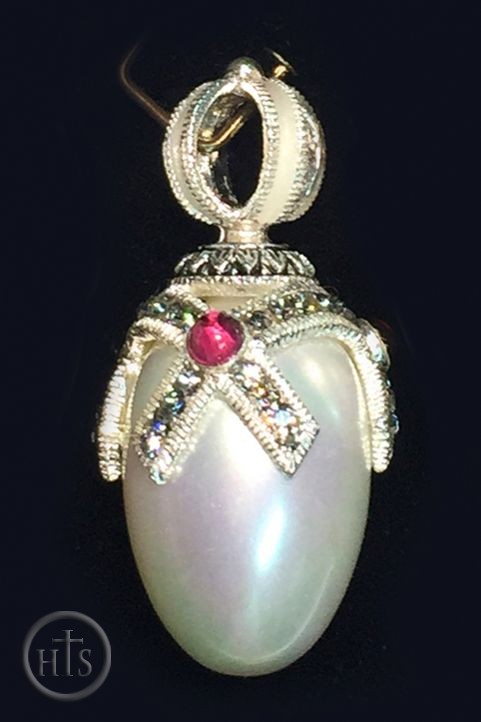 HolyTrinity Pic - Egg Pendant with Pearl, Faberge Style, Silver 925, Garnet Stones