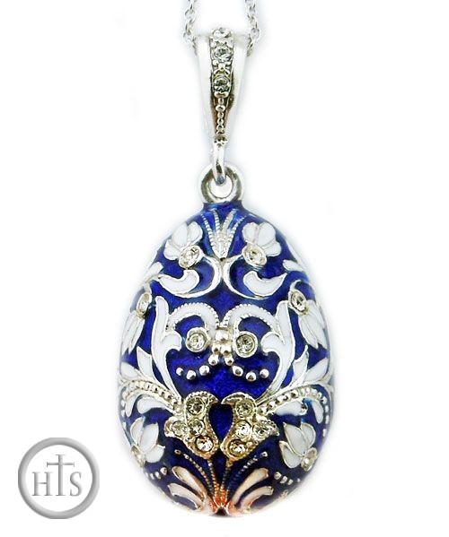 Product Photo - Egg Pendant, Faberge Style,  Sterling Silver 925, Swarovski Crystals, Blue