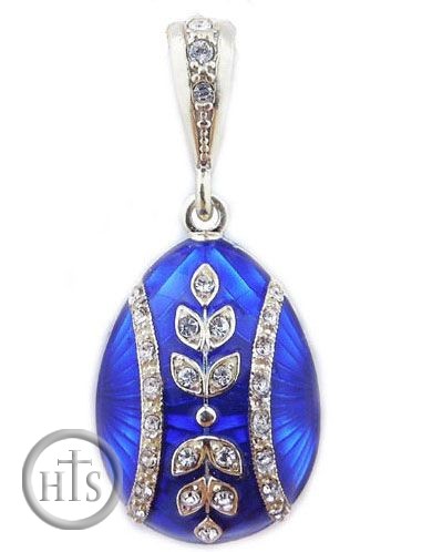 Image - Egg Pendant, Faberge Style, Hand Enameled, Silver 925, Blue