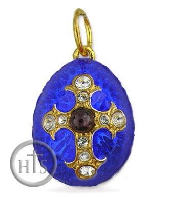 Product Pic - Egg Pendant  with Cross,  Silver/Gold Plated /Garnet Stone, Blue
