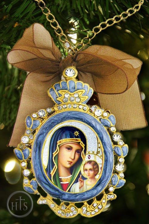 Image - Enamel Framed Virgin of Kazan  Icon Pendant With Chain & Bow 