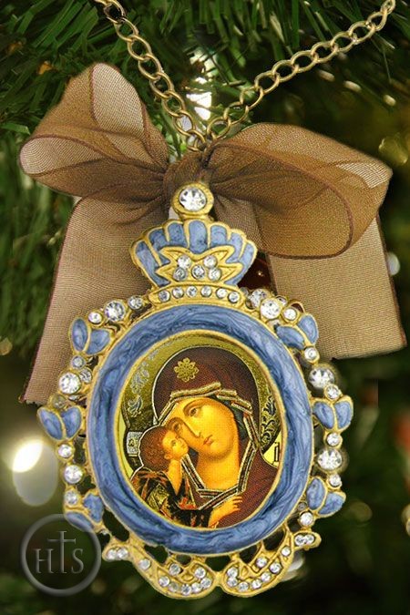 HolyTrinityStore Photo - Enamel Framed Virgin of Donskaya  Icon Pendant w/Chain & Bow