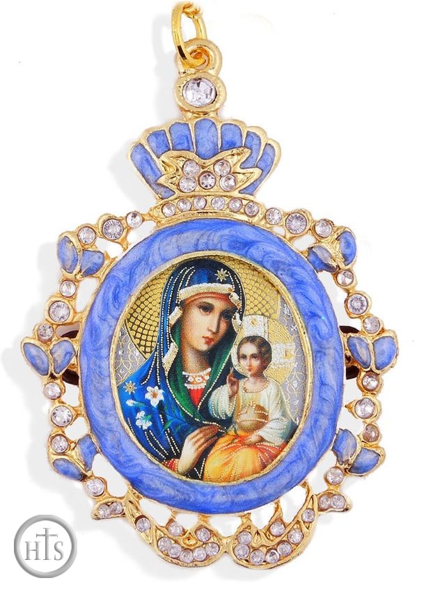Product Image - Enamel Framed Virgin Mary the Eternal Bloom, Icon Pendant With Chain & Bow 