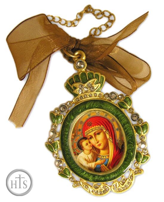 Photo - Enamel Framed Virgin  Mary Icon Pendant With Chain & Bow