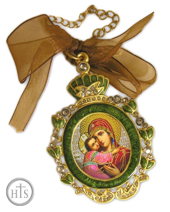 Pic - Enamel Framed Virgin  Mary Icon Pendant With Chain & Bow IF-1GV-26