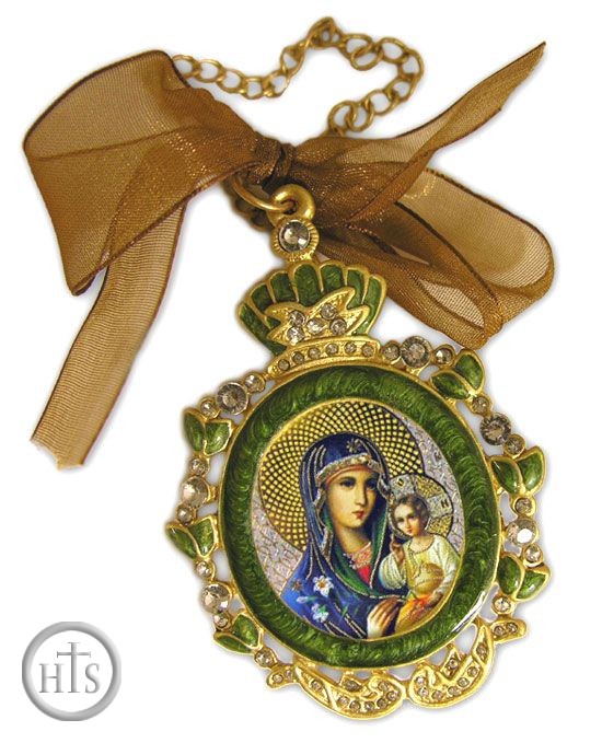 Picture - Enamel Framed Virgin Mary the Eternal Bloom, Icon Pendant With Chain & Bow 