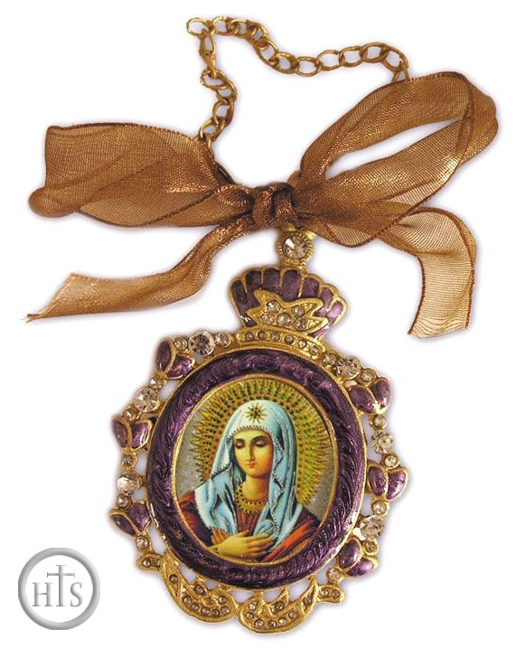 HolyTrinityStore Picture - Virgin Mary Extreme Humility, Enamel Framed Icon Pendant With Chain & Bow