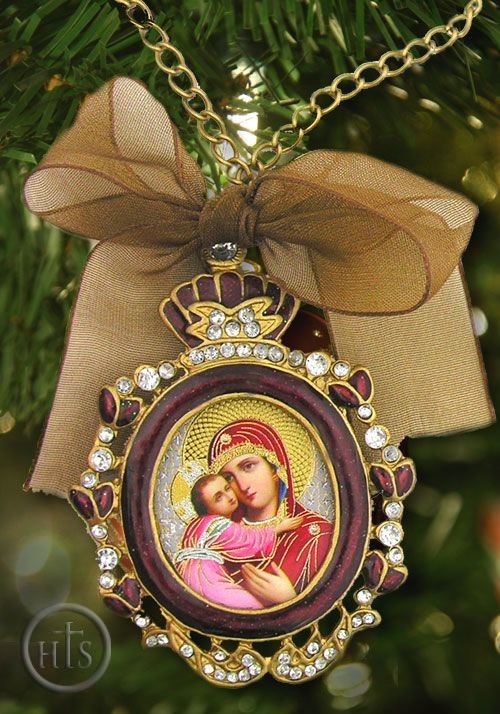 Product Pic - Virgin of Vladimir,  Enamel Framed Icon Pendant w/Chain & Bow, Red