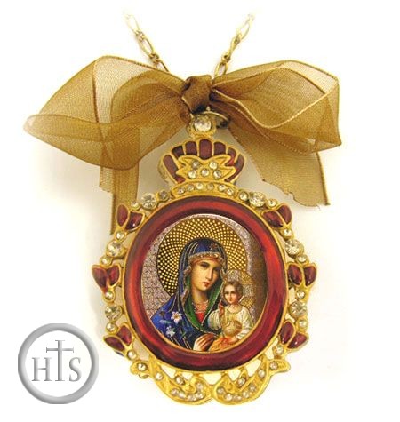 HolyTrinityStore Photo - Virgin Mary the Eternal Bloom,  Enamel Framed  Icon Pendant w/Chain & Bow