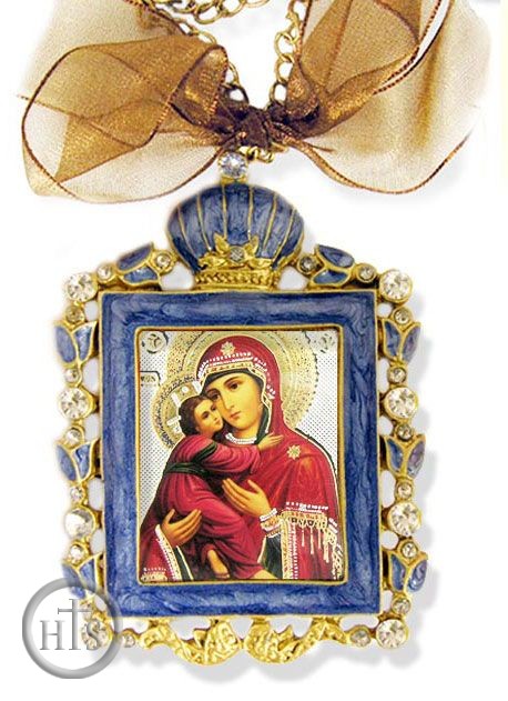 HolyTrinity Pic - Virgin of Vladimir, Faberge Style Framed Icon Ornament, Blue