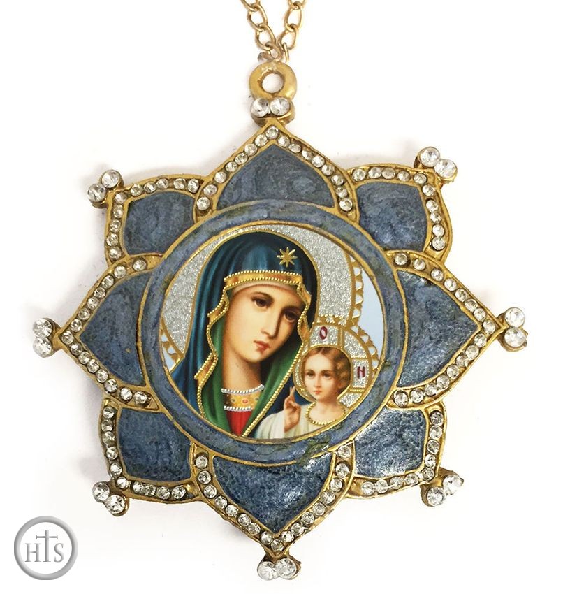 Product Picture - Virgin of Eternal Bloom, Enamel Framed Icon Pendant, Faberge Style