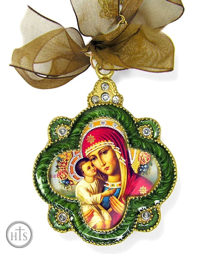 HolyTrinity Pic - Virgin Mary Zirovitskaya, Faberge Inspired Icon Ornament with Chain & Bow