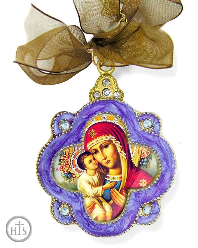HolyTrinityStore Photo - Virgin Mary Zirovitskaya, Faberge Inspired Icon Ornament with Chain & Bow