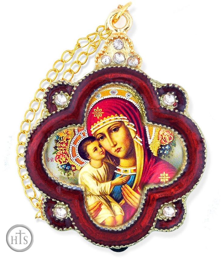 Image - Virgin Mary Zirovitskaya, Faberge Inspired Icon Ornament with Chain & Bow