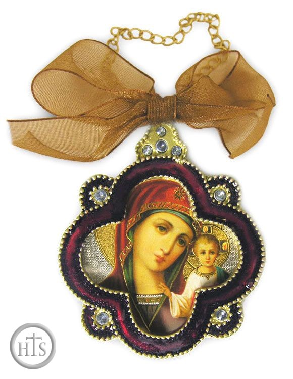 HolyTrinityStore Photo - Virgin of Kazan, Enamel Framed Ornament Icon  with Chain & Bow, Red