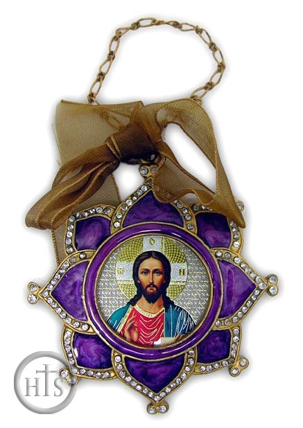 Product Pic - Christ The Teacher, Enamel  Icon Pendant, Faberge Style, Purple