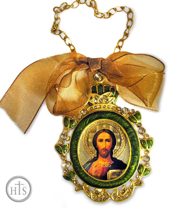 HolyTrinityStore Picture - Christ The Teacher, Enamel  Icon Pendant, Green