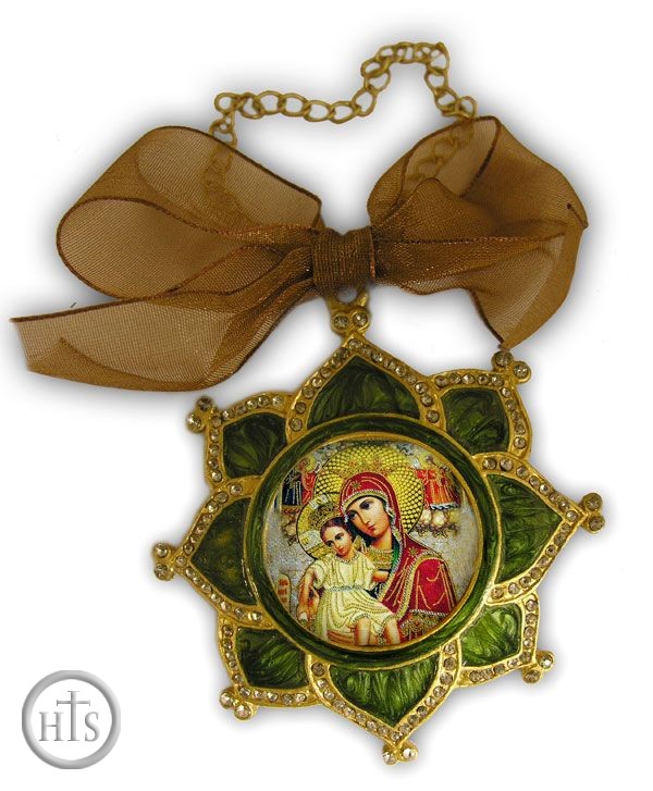 Product Pic - Enamel Framed Virgin  Mary Icon Pendant With Chain & Bow