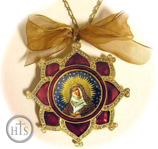 HolyTrinityStore Photo - Virgin Mary of Ostrobramska, Enamel Framed Icon Pendant, Red