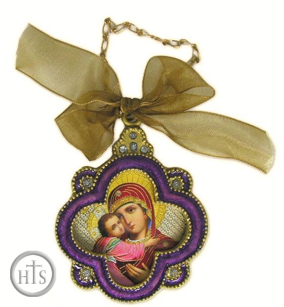 HolyTrinity Pic - Enamel Framed Virgin  Mary Icon Pendant With Chain & Bow, IF-4PV-17