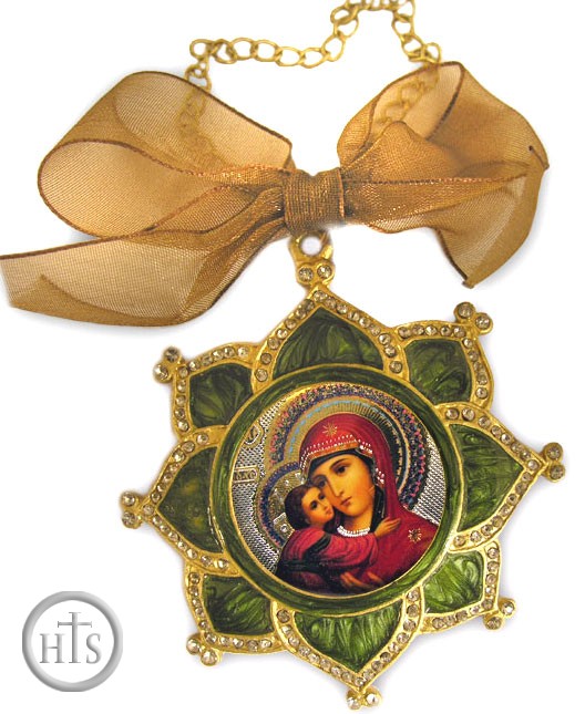 HolyTrinityStore Picture - Enamel Framed Virgin Mary  Icon Pendant With Chain & Bow, IF-3GV-01