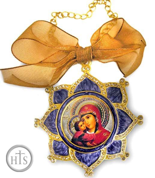 Photo - Virgin of Vladimir,   Enameled Icon Ornament with Chain & Bow