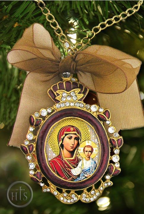 Product Pic - Virgin Mary of Smolensk, Enamel Framed   Icon Ornament With Chain & Bow