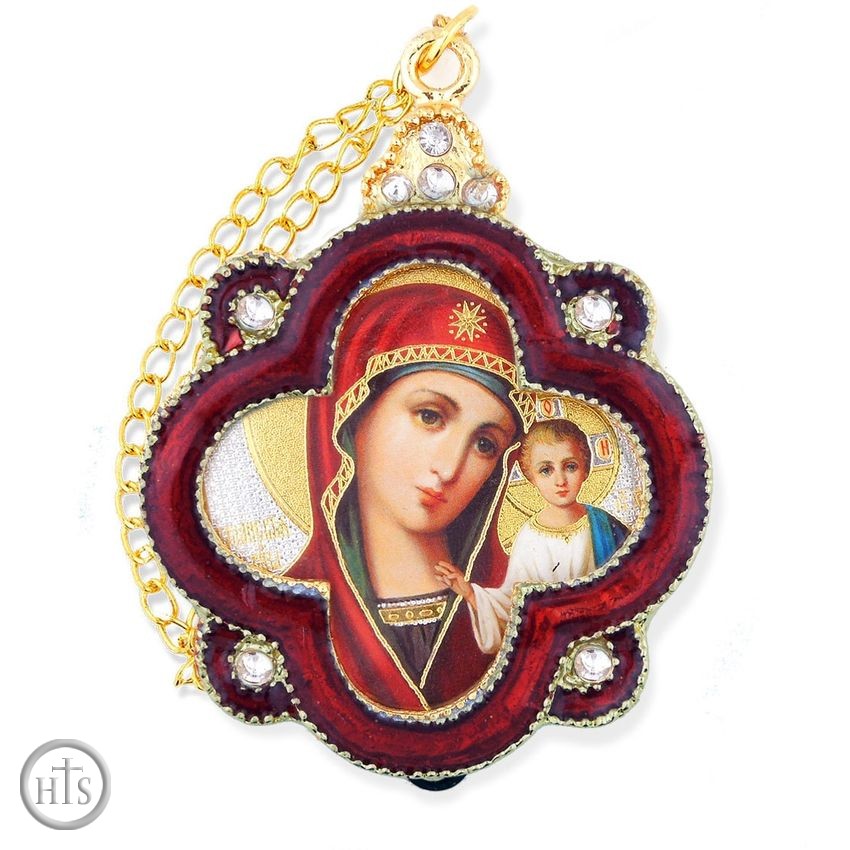 Product Picture - Virgin of Kazan, Enamel Framed Ornament Icon  with Chain & Bow, Red